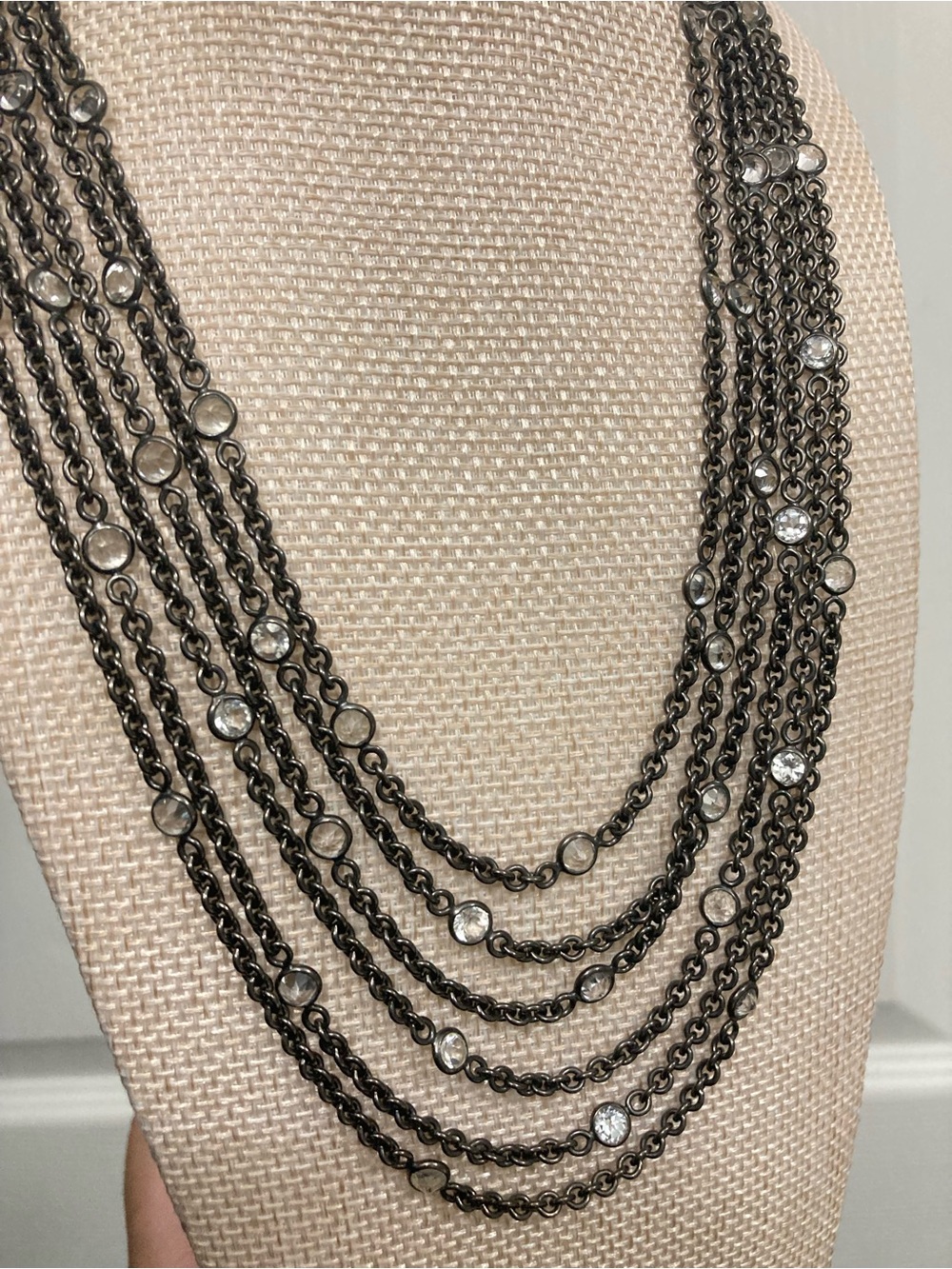 Emporio Armani Gunmetal Multi-Strand Necklace with Clear Crystals
